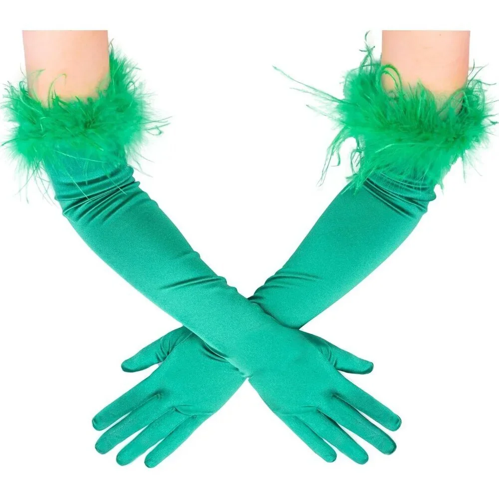 Women's Evening Green Feather Long Satin Gloves Stretchy Elbow Halloween Costume